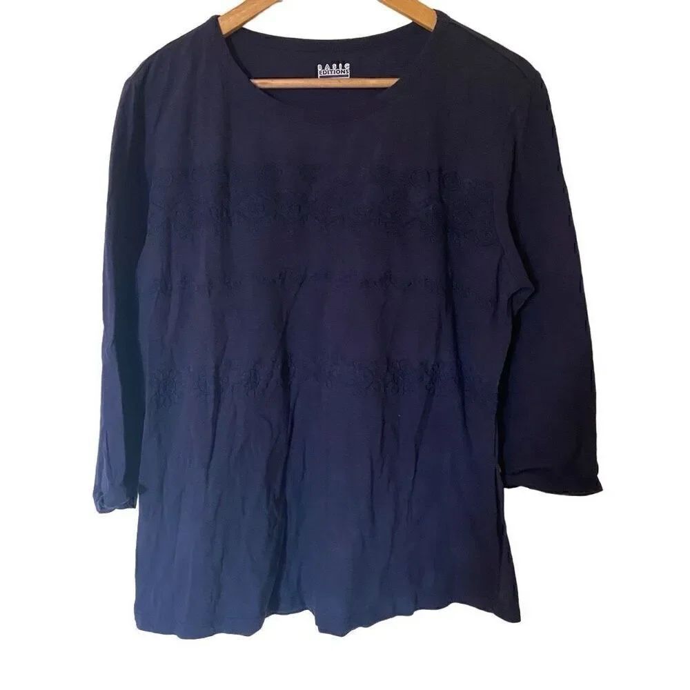 Basic Editions Blue embroidered long sleeve blouse Large